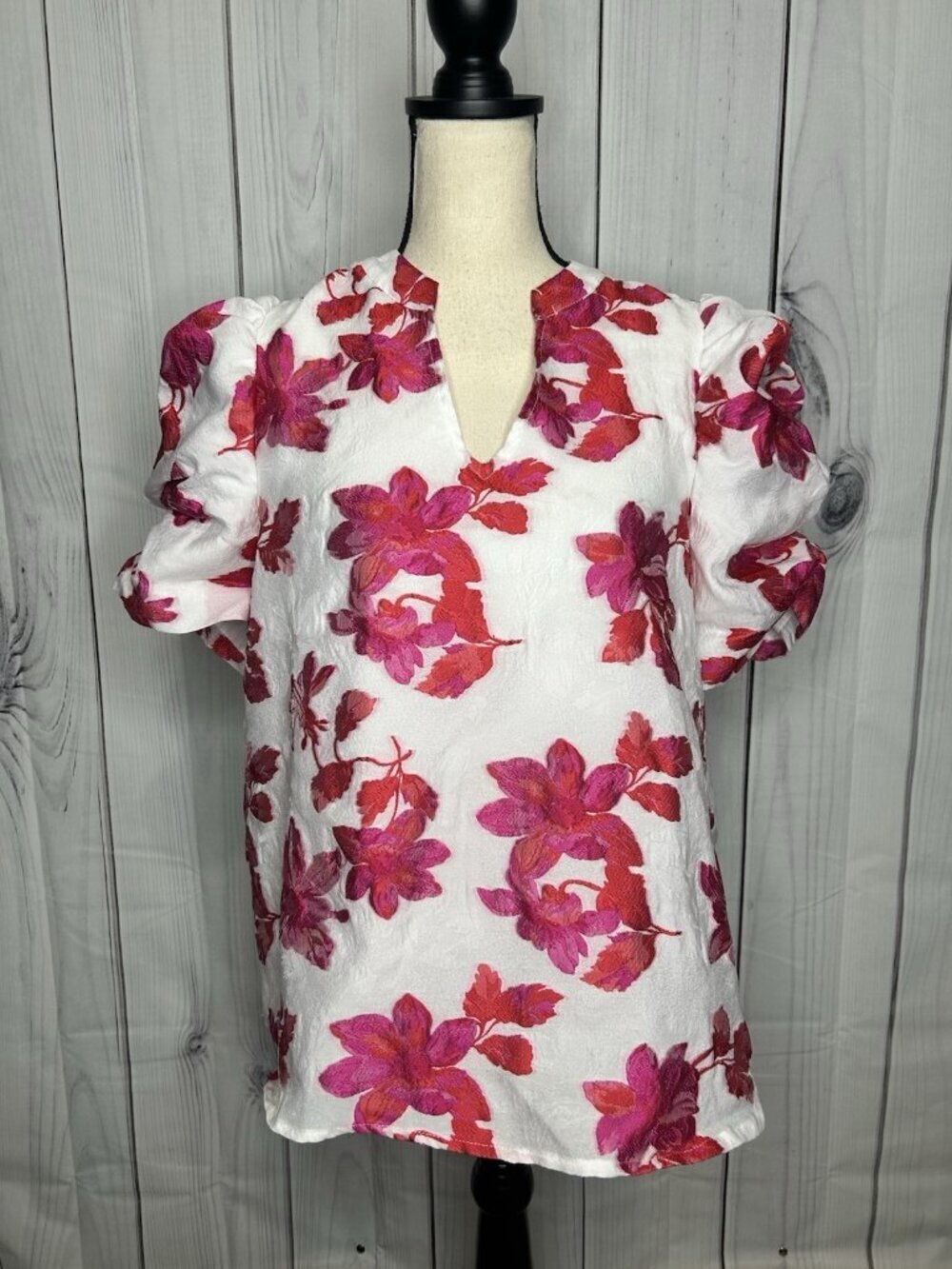 Entro Puff Sleeve Blouse White Floral Sz Large V-Neck Lined